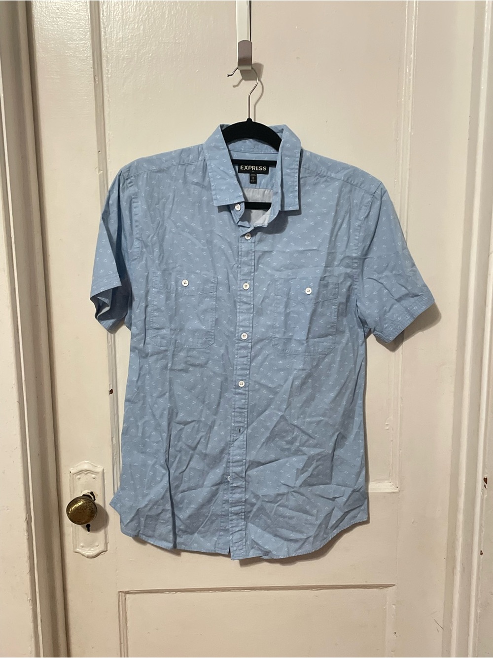 Express Light Blue Short-Sleeve Button-Down Shirt with Subtle Dot Print